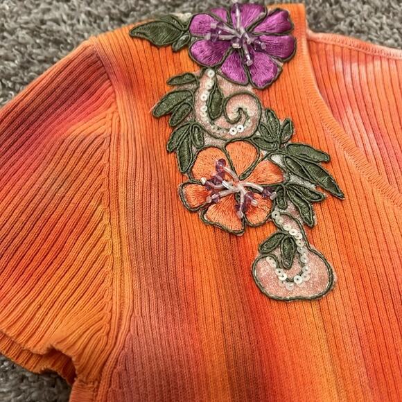 NWT Belldini Top Large Shirt Embellished Orange Tye Dye Boho‎ Embroidered Floral - Picture 2 of 16
